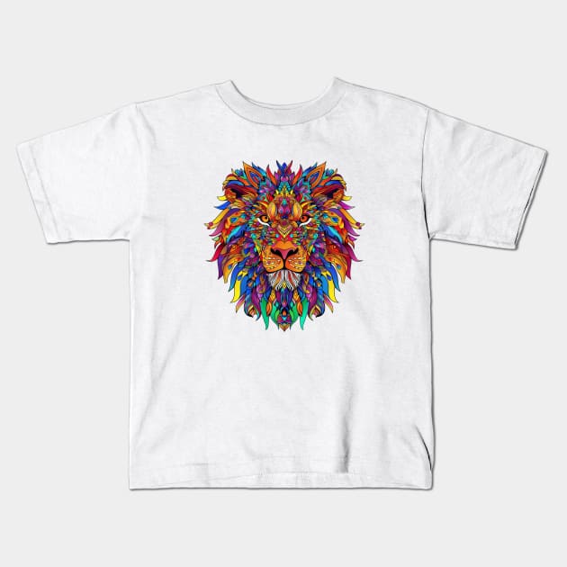 Colorful Folk Art Lion Kids T-Shirt by Pixie